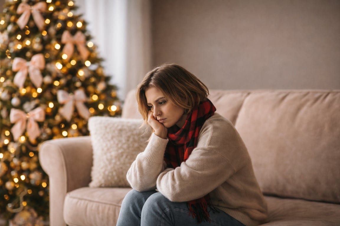 Nachdenkliche Frau auf Weihnachtssofa